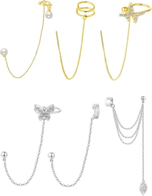 Akeoqi 6Pcs Cuff Earrings Chain Drop Stainless Steel Dangling Earrings with CZ Inlaid Hoop Wrap Threader Tassel Earrings Crawler Climber Earring Planet Star Butterfly Leaf Moon Round Studs Jewelry for Women 20G