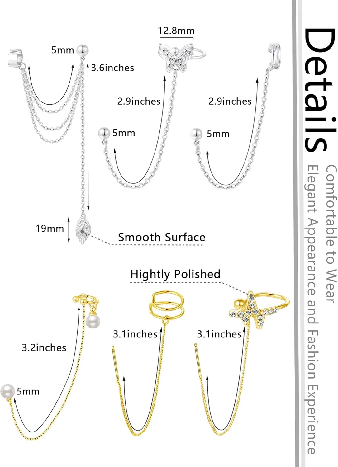 Akeoqi 6Pcs Cuff Earrings Chain Drop Stainless Steel Dangling Earrings with CZ Inlaid Hoop Wrap Threader Tassel Earrings Crawler Climber Earring Planet Star Butterfly Leaf Moon Round Studs Jewelry for Women 20G