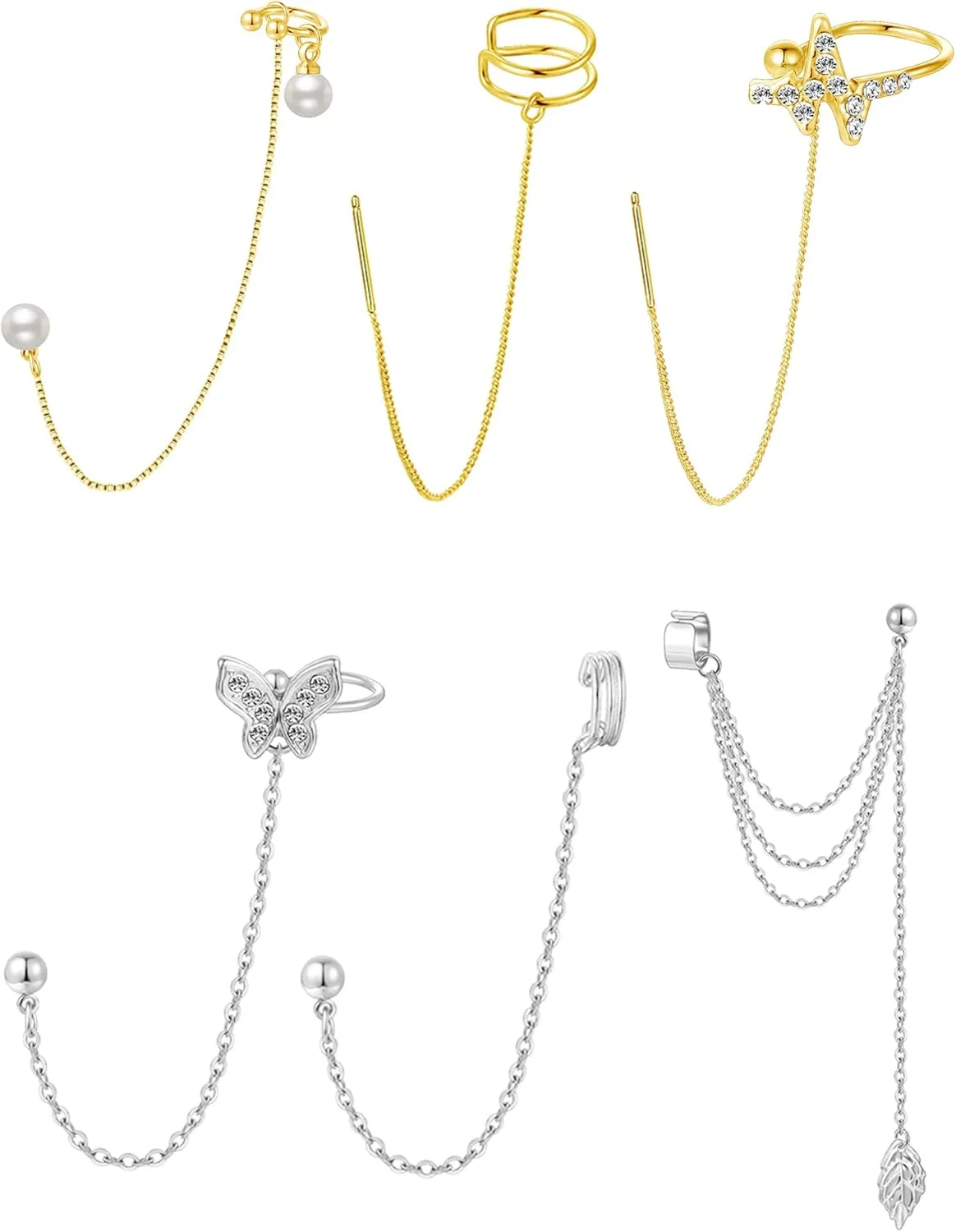 Akeoqi 6Pcs Cuff Earrings Chain Drop Stainless Steel Dangling Earrings with CZ Inlaid Hoop Wrap Threader Tassel Earrings Crawler Climber Earring Planet Star Butterfly Leaf Moon Round Studs Jewelry for Women 20G