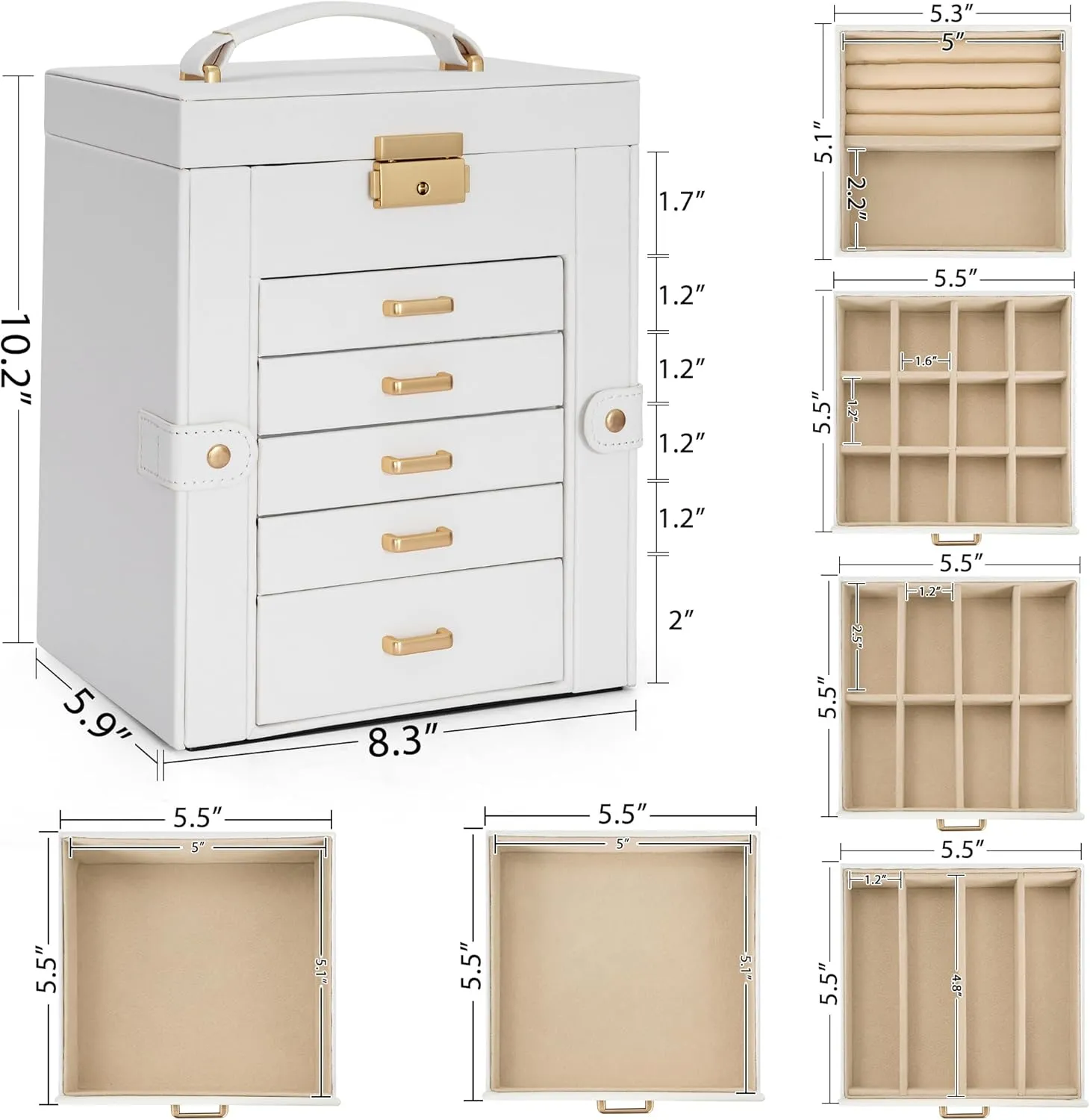 AKOZLIN 6-Tier Jewelry Box Lockable Leather Jewelry Storage Case with 5 Drawers for Women Girls Ring Necklace Earring Bracelet Holder Organizer with Mirror