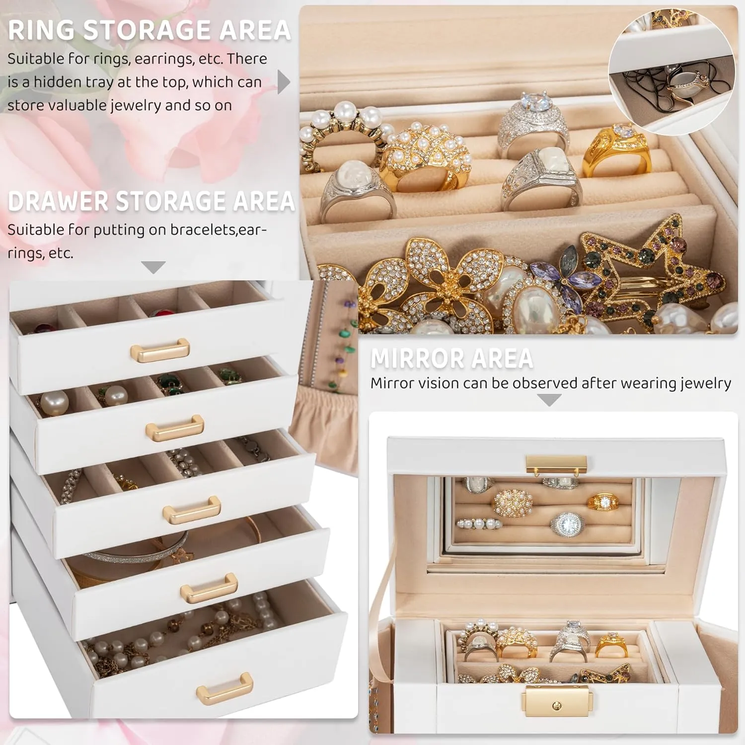 AKOZLIN 6-Tier Jewelry Box Lockable Leather Jewelry Storage Case with 5 Drawers for Women Girls Ring Necklace Earring Bracelet Holder Organizer with Mirror