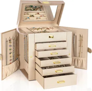 AKOZLIN 6-Tier Jewelry Box Organizer Functional Leather Jewelry Storage Case for Women Girls Ring Necklace Earring Bracelet Holder Organizer with Mirror