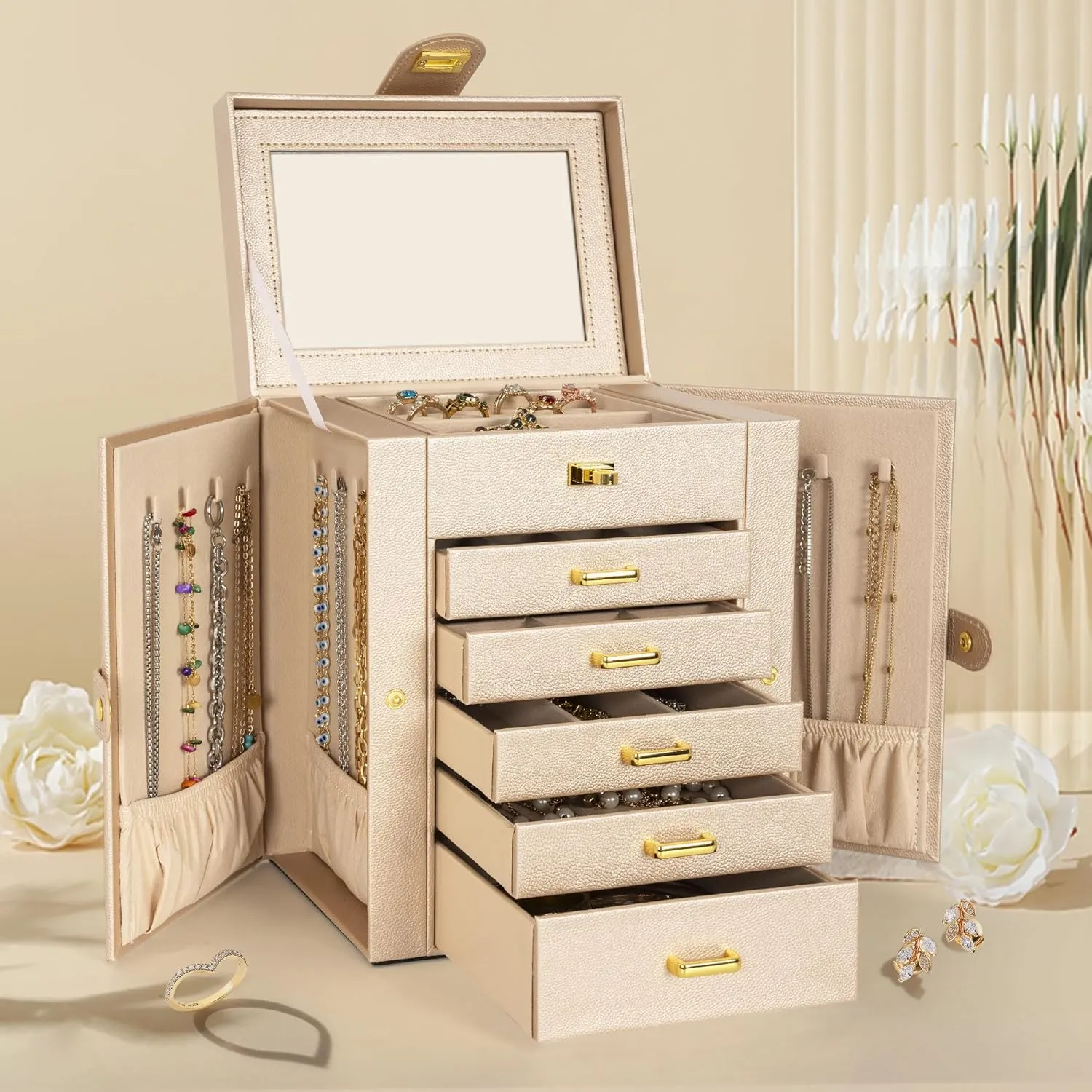 AKOZLIN 6-Tier Jewelry Box Organizer Functional Leather Jewelry Storage Case for Women Girls Ring Necklace Earring Bracelet Holder Organizer with Mirror