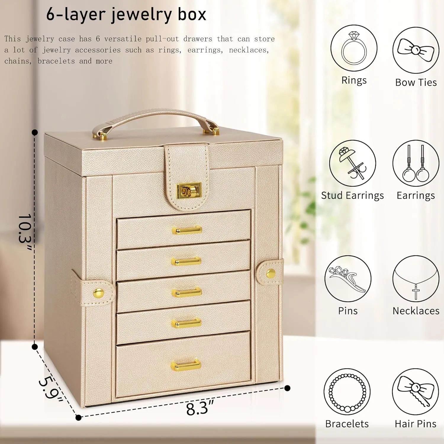 AKOZLIN 6-Tier Jewelry Box Organizer Functional Leather Jewelry Storage Case for Women Girls Ring Necklace Earring Bracelet Holder Organizer with Mirror
