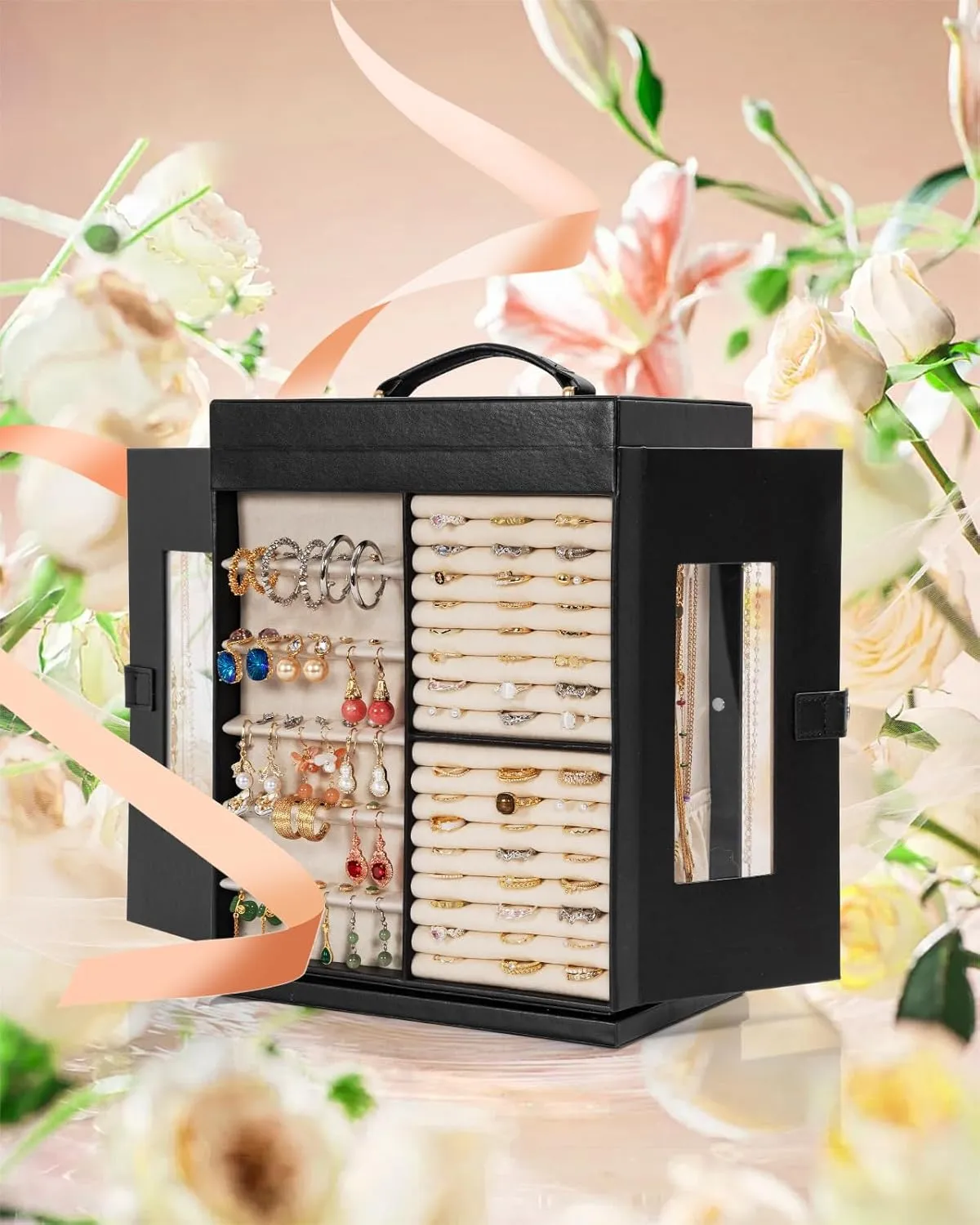 AKOZLIN Jewelry Box 6-Tier Organizer Functional 360 Rotating Jewelry Storage Case for Women Girls Ring Necklace Earring Bracelet Holder with Mirror