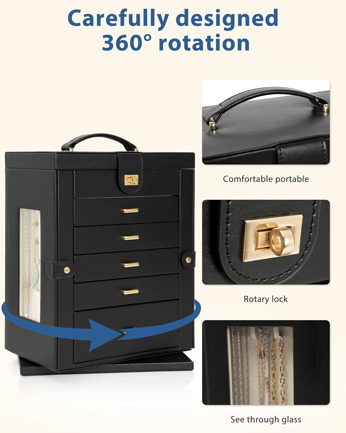 AKOZLIN Jewelry Box 6-Tier Organizer Functional 360 Rotating Jewelry Storage Case for Women Girls Ring Necklace Earring Bracelet Holder with Mirror