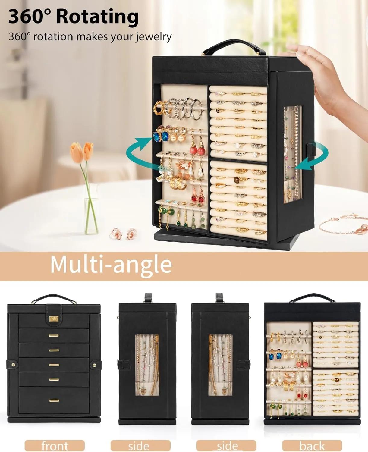 AKOZLIN Jewelry Box 6-Tier Organizer Functional 360 Rotating Jewelry Storage Case for Women Girls Ring Necklace Earring Bracelet Holder with Mirror