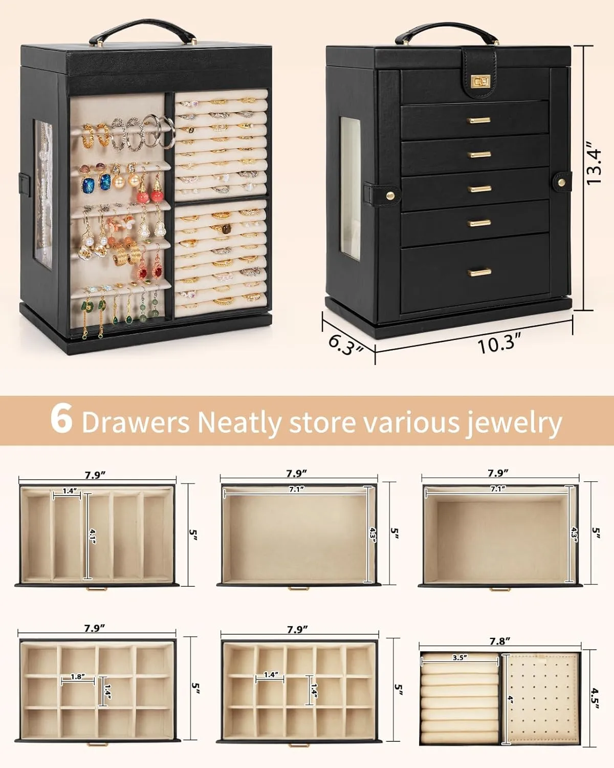 AKOZLIN Jewelry Box 6-Tier Organizer Functional 360 Rotating Jewelry Storage Case for Women Girls Ring Necklace Earring Bracelet Holder with Mirror