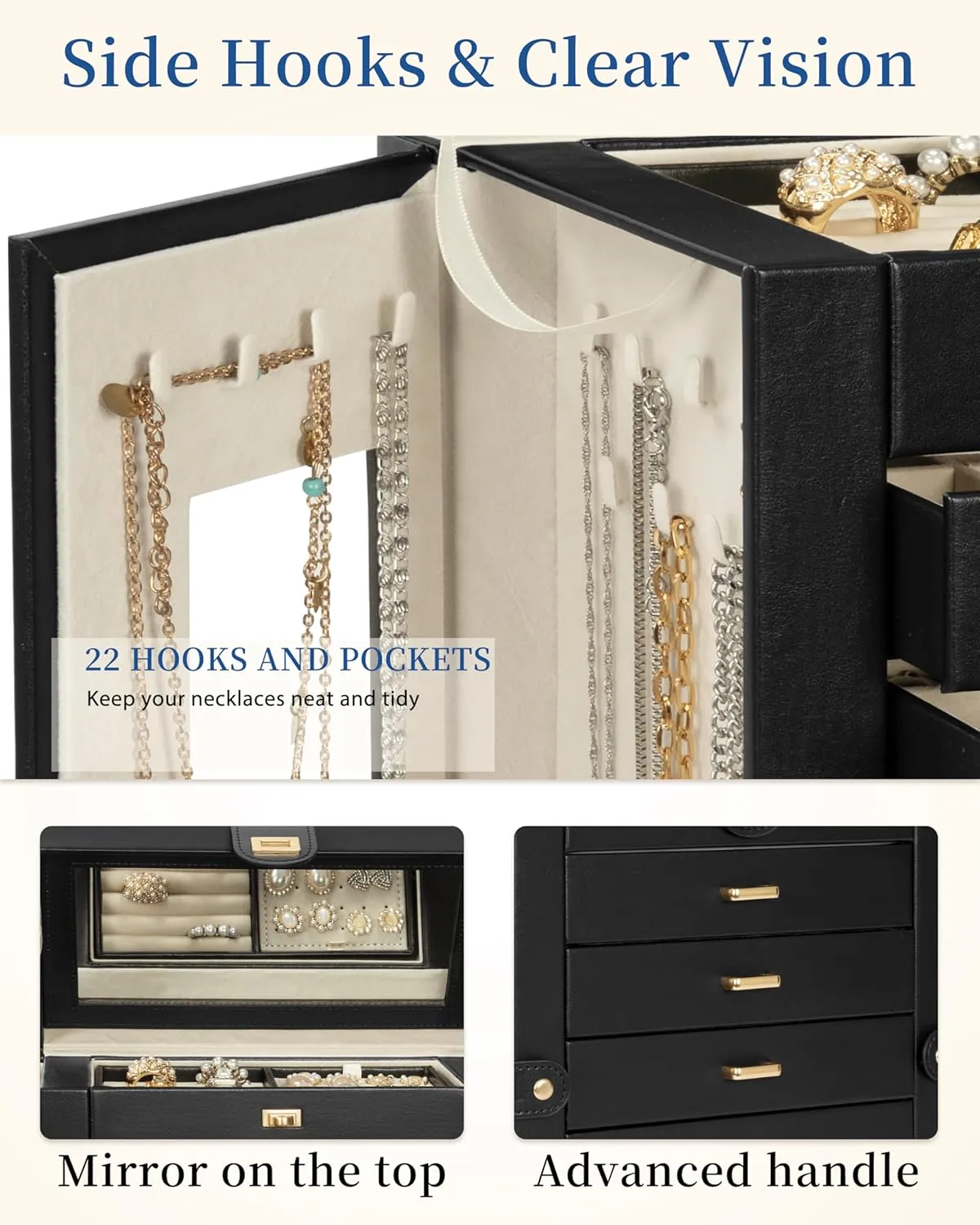 AKOZLIN Jewelry Box 6-Tier Organizer Functional 360 Rotating Jewelry Storage Case for Women Girls Ring Necklace Earring Bracelet Holder with Mirror