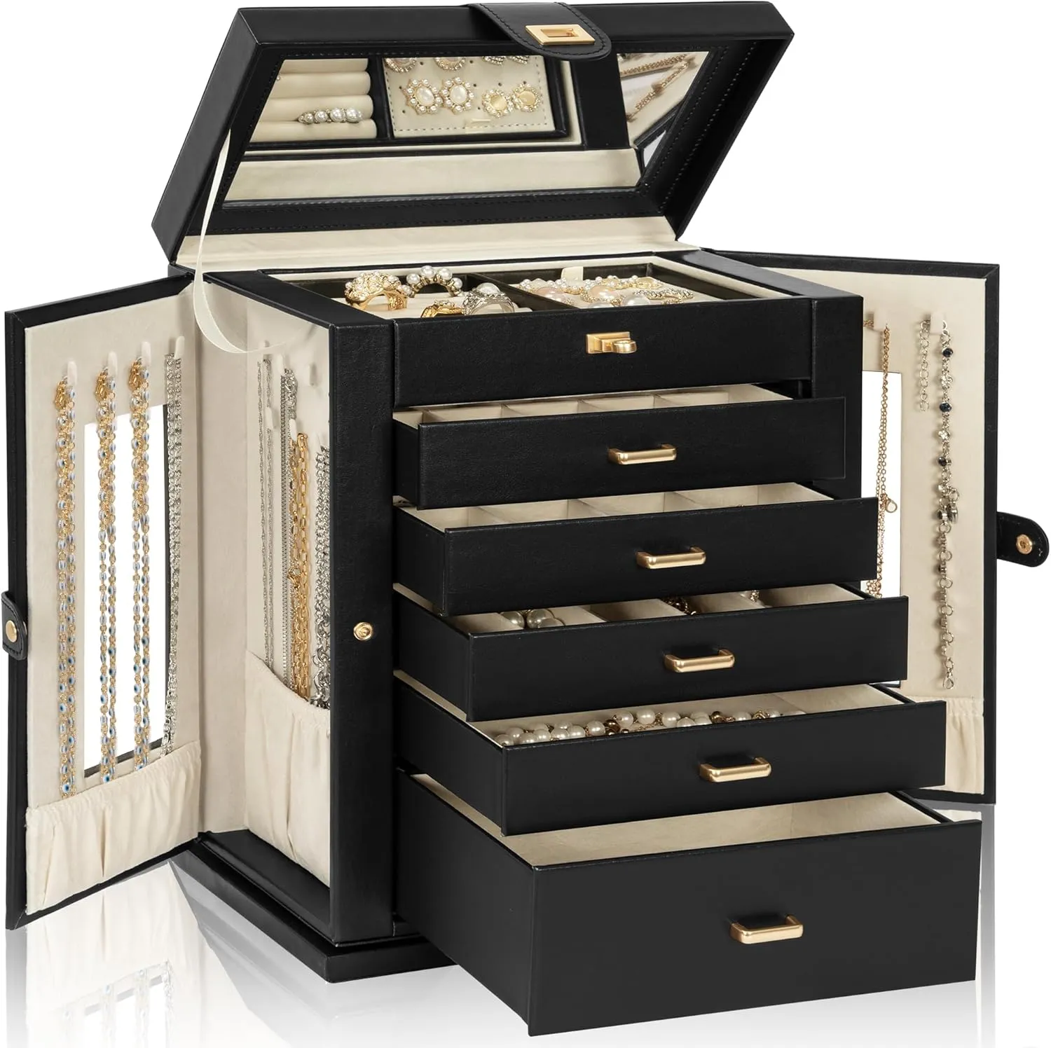 AKOZLIN Jewelry Box 6-Tier Organizer Functional 360 Rotating Jewelry Storage Case for Women Girls Ring Necklace Earring Bracelet Holder with Mirror