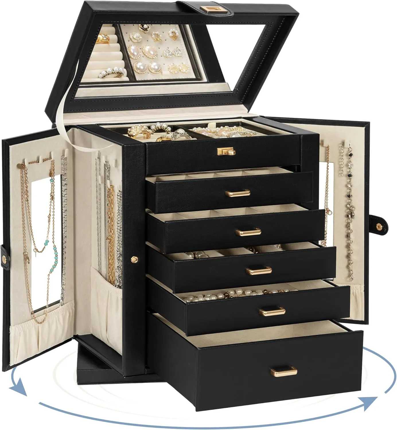 AKOZLIN Jewelry Box 6-Tier Organizer Functional 360 Rotating Jewelry Storage Case for Women Girls Ring Necklace Earring Bracelet Holder with Mirror