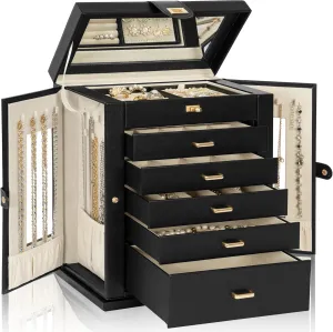 AKOZLIN Jewelry Box 6-Tier Organizer Functional 360 Rotating Jewelry Storage Case for Women Girls Ring Necklace Earring Bracelet Holder with Mirror