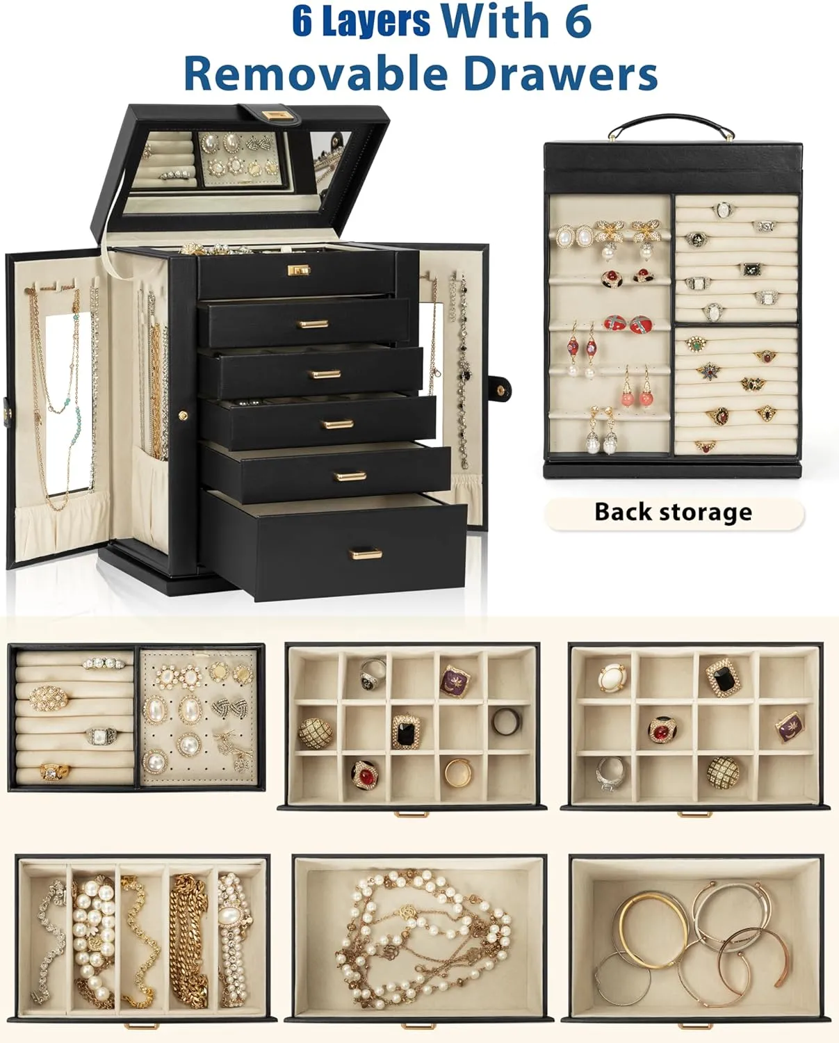 AKOZLIN Jewelry Box 6-Tier Organizer Functional 360 Rotating Jewelry Storage Case for Women Girls Ring Necklace Earring Bracelet Holder with Mirror