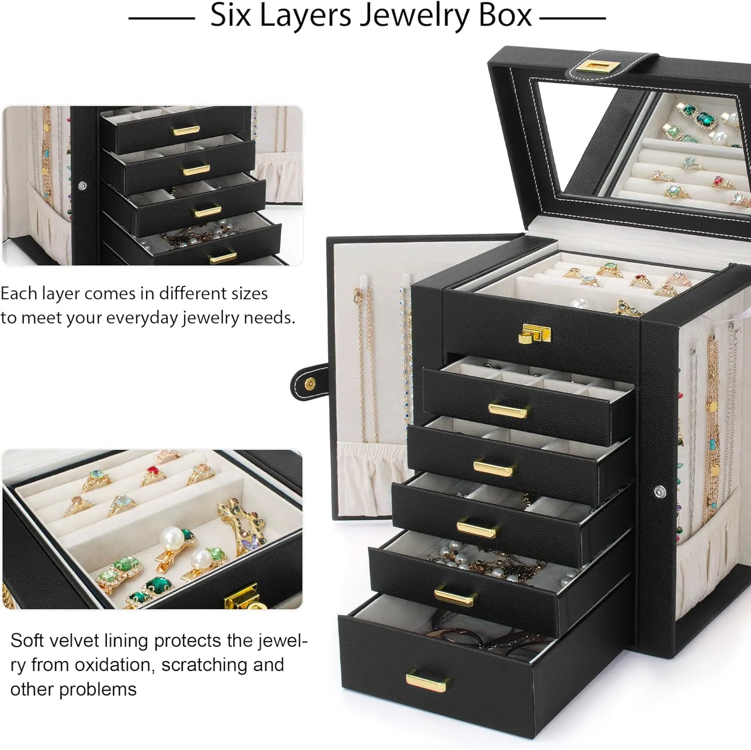 AKOZLIN Jewelry Box Organizer Functional Leather Jewelry Storage Case for Women Girls Ring Necklace Earring Bracelet Holder Organizer with Mirror Black