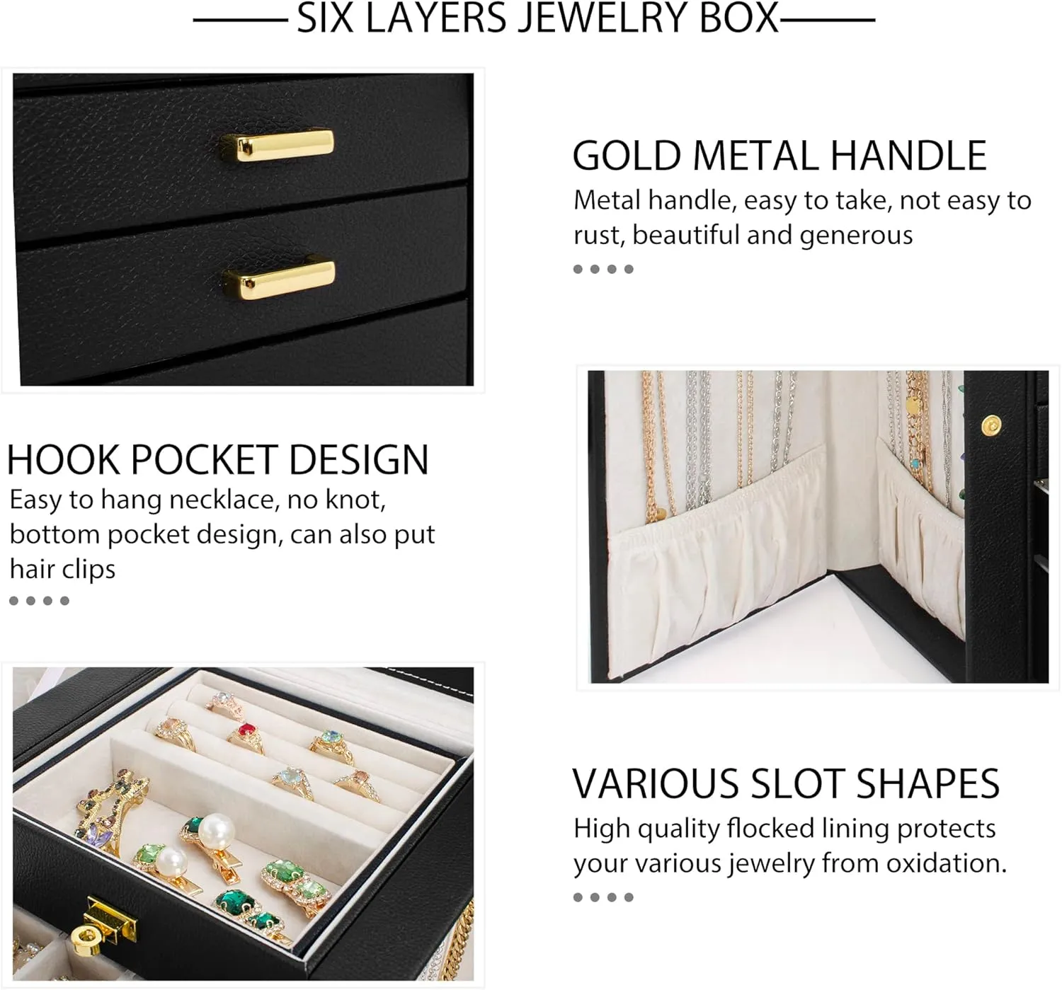 AKOZLIN Jewelry Box Organizer Functional Leather Jewelry Storage Case for Women Girls Ring Necklace Earring Bracelet Holder Organizer with Mirror Black
