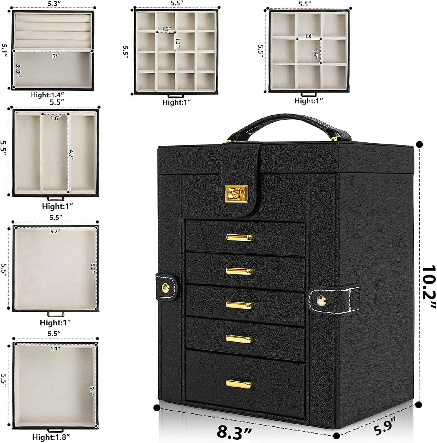 AKOZLIN Jewelry Box Organizer Functional Leather Jewelry Storage Case for Women Girls Ring Necklace Earring Bracelet Holder Organizer with Mirror Black