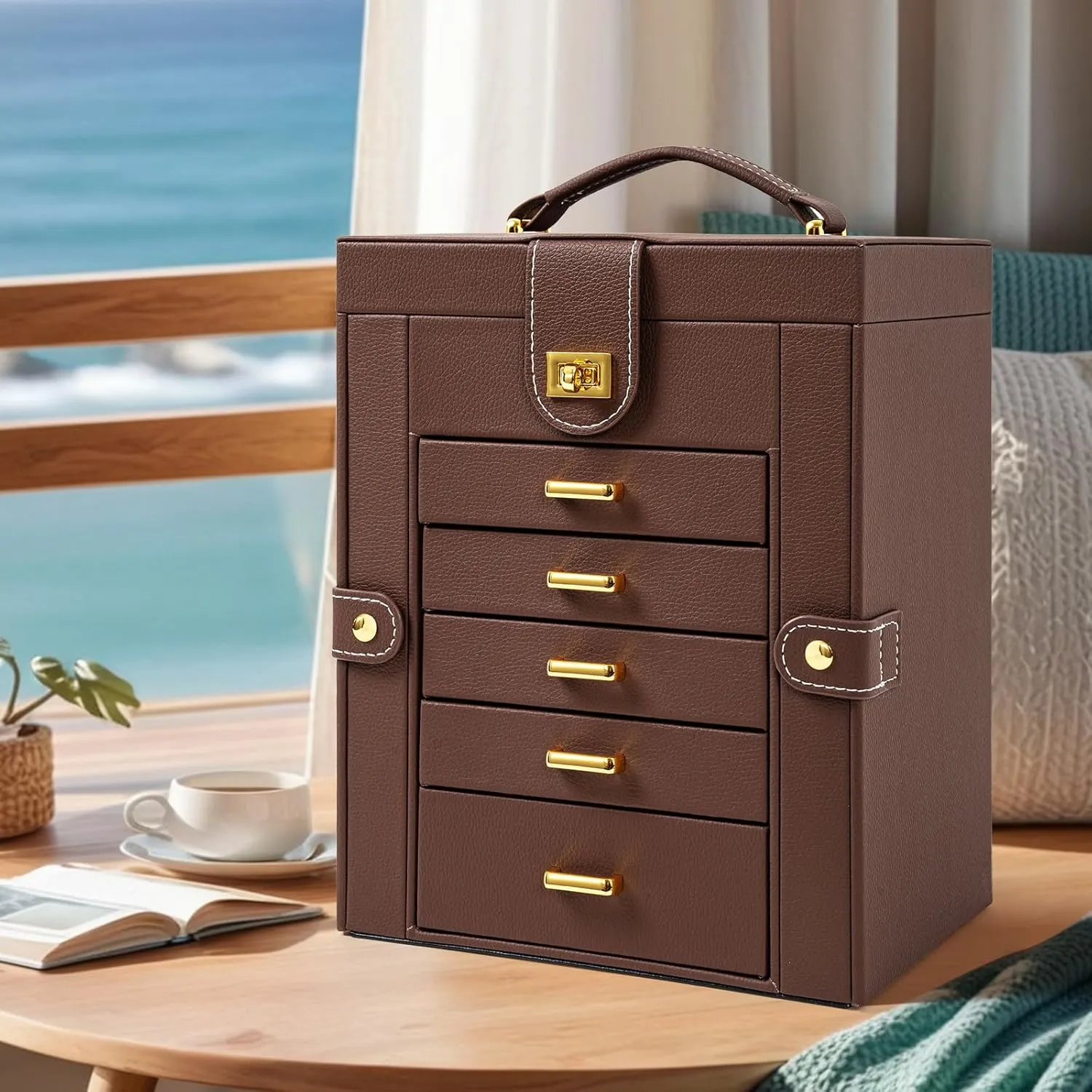 AKOZLIN Jewelry Box Organizer Functional Leather Jewelry Storage Case for Women Girls Ring Necklace Earring Bracelet Holder Organizer with Mirror Brown