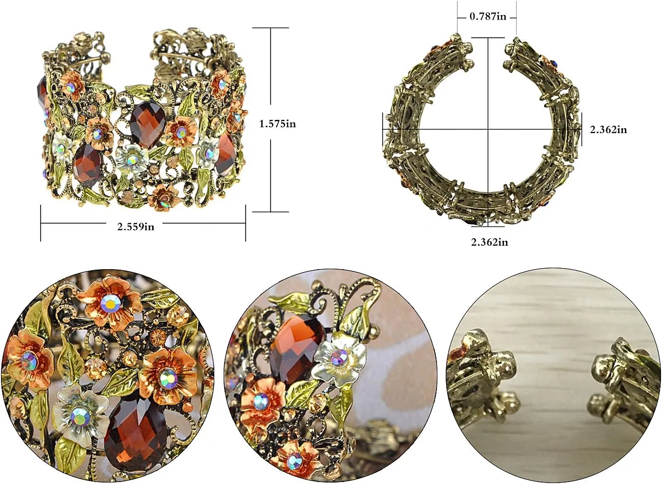 Alilang Antique Hollow Vintage Floral Topaz Crystal Rhinestone Flower Garden Bracelet Bangle Cuff