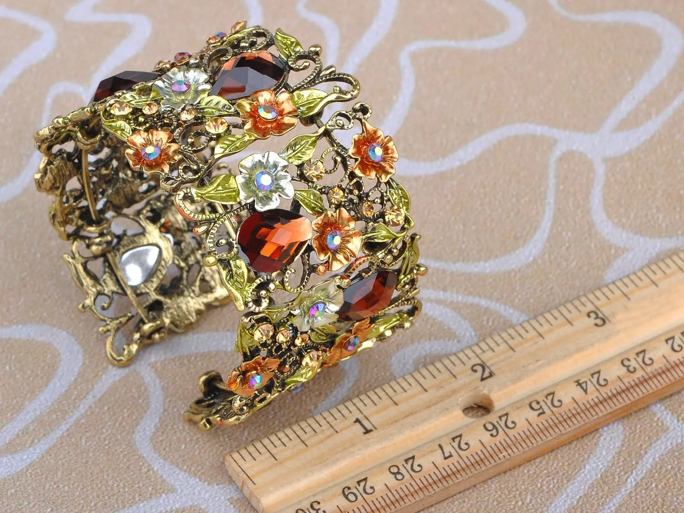 Alilang Antique Hollow Vintage Floral Topaz Crystal Rhinestone Flower Garden Bracelet Bangle Cuff