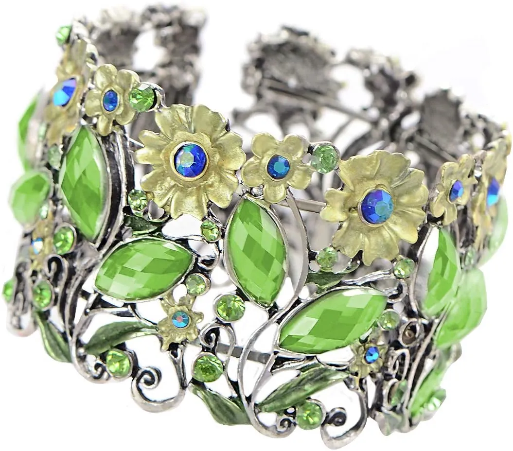 Alilang Antique Hollow Vintage Floral Topaz Crystal Rhinestone Flower Garden Bracelet Bangle Cuff