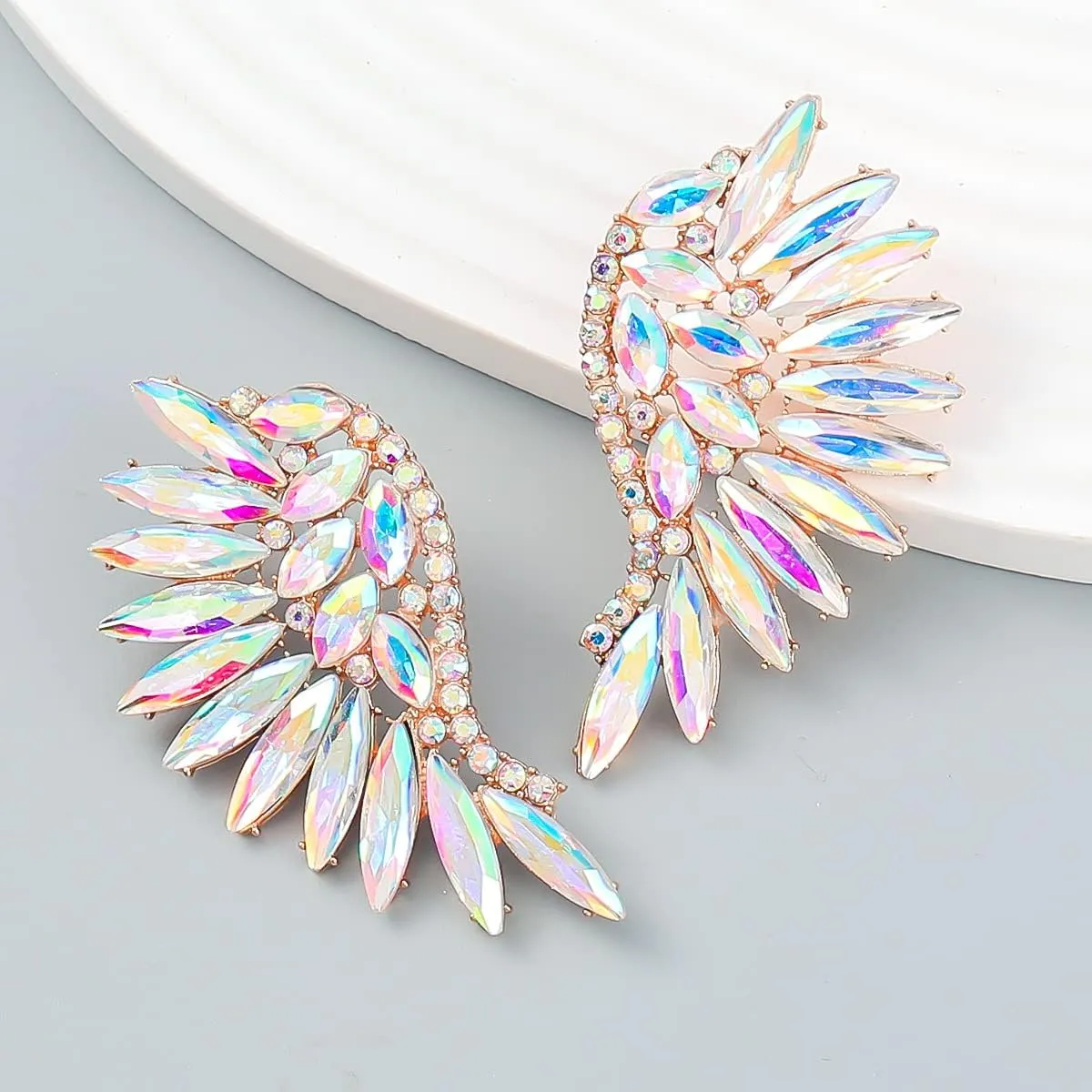 Angel Wing Statement Stud Earrings Cubic Zirconia Colorful Rhinestone Geometrical Flower Dangle Drop Earring Fashion Exaggerated Jewelry Gifts for Women Girls