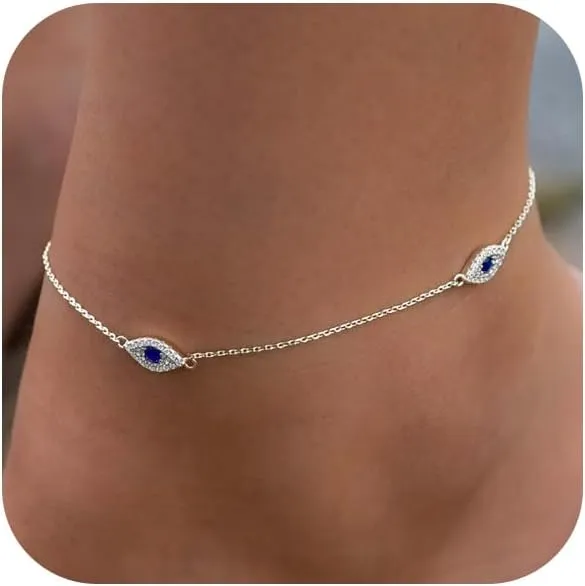 Ankle Bracelets for Women 14K Gold Silver Plated Anklets for Women Waterproof Boho Evil Eye Pearl Charm Pendant Beaded Foot Chain Adjustable Dainty Summer Beach Jewelry Set Gifts Non Tarnish