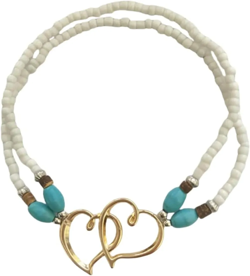 Ankle Bracelets for Women Elastic Beaded Anklets Double Hollow Hearts Stretch Ankle Bracelet Layered Beaded Anklet Dainty Boho Beach Anklets Cute Heart Foot Jewelry for Beach Party