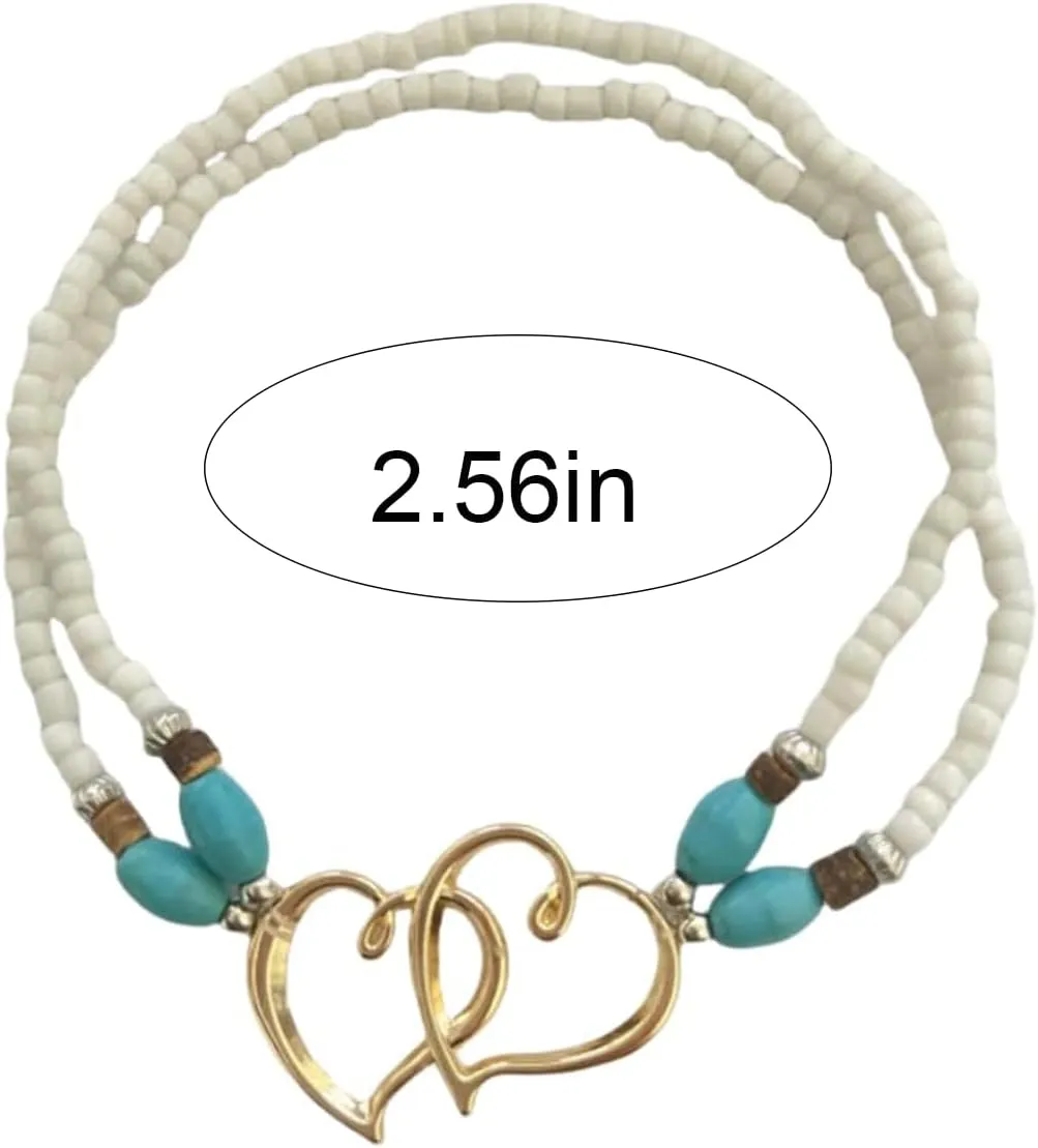 Ankle Bracelets for Women Elastic Beaded Anklets Double Hollow Hearts Stretch Ankle Bracelet Layered Beaded Anklet Dainty Boho Beach Anklets Cute Heart Foot Jewelry for Beach Party