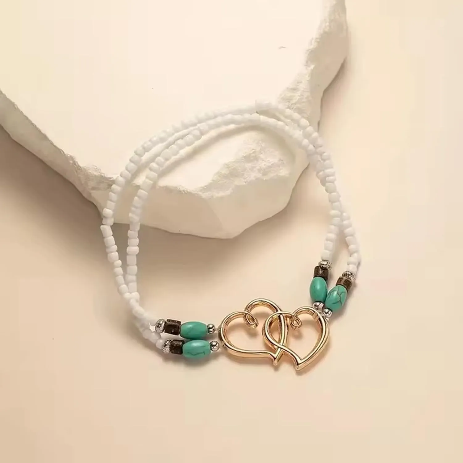 Ankle Bracelets for Women Elastic Beaded Anklets Double Hollow Hearts Stretch Ankle Bracelet Layered Beaded Anklet Dainty Boho Beach Anklets Cute Heart Foot Jewelry for Beach Party