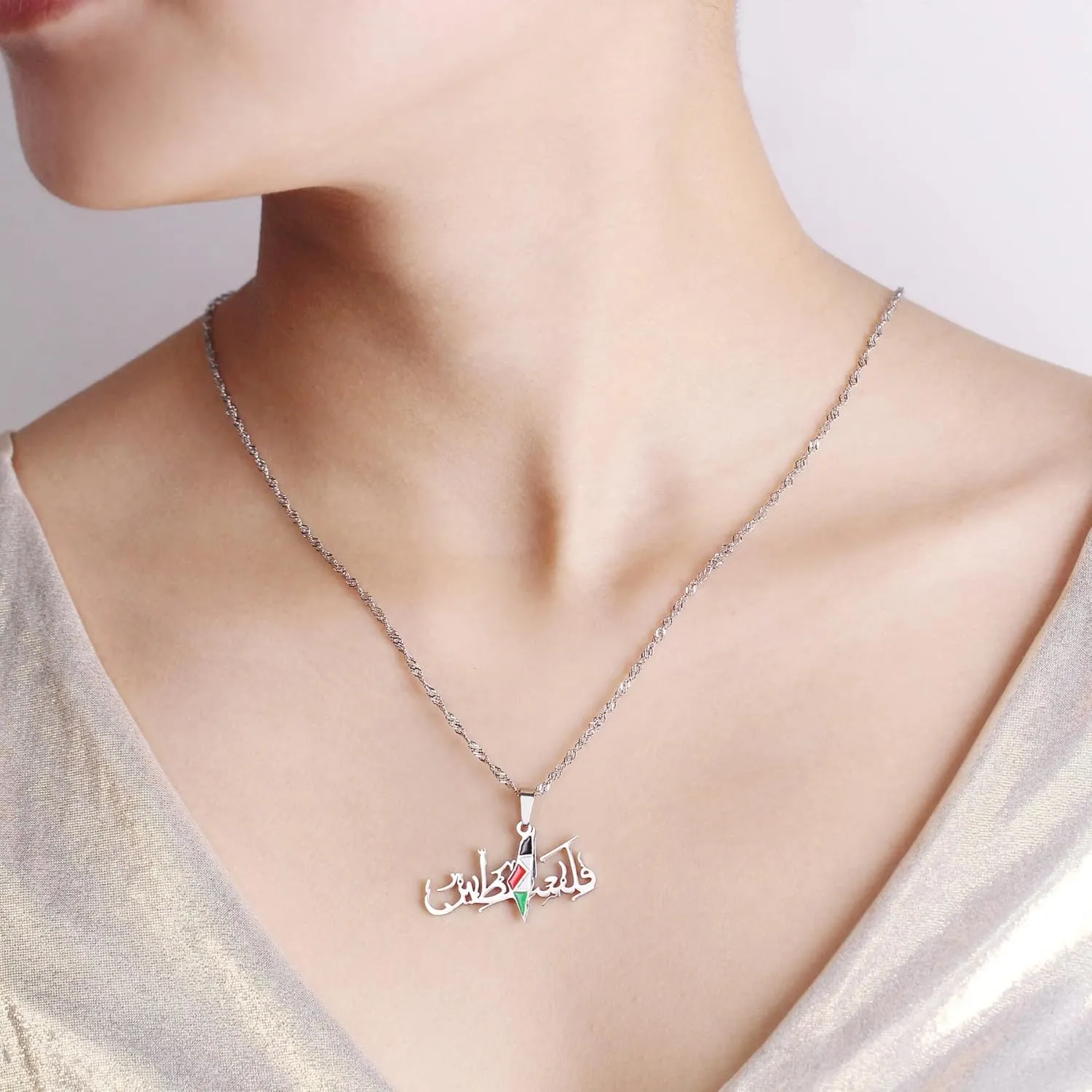 Arabic Palestine Flag Colors Design Necklaces | Stainless Steel Enamel Necklace for Women and Men | Initial Jerusalem Theme Pendant Jewelry | Y5135