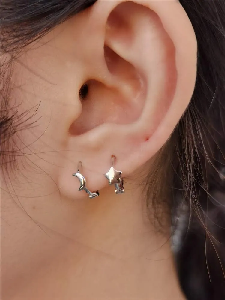 Asymmetrical Star Moon Small Hoop Earrings for Women Girls 925 Sterling Silver Charms Tiny Minimalist Crescent Moon Star Cartilage Clip Cuff Stud Earrings Fashion Delicate
