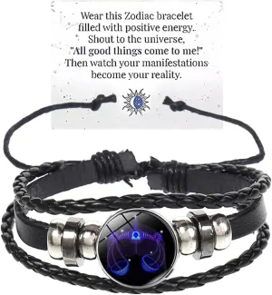 Atiptu Zodiac Signs Spirit Bracelet Multilayer Adjustable 12 Constellation Zodiac Leather Bracelets for Women Men Handmade Woven Glow in the Dark Zodiac Jewelry for Constellation Lover