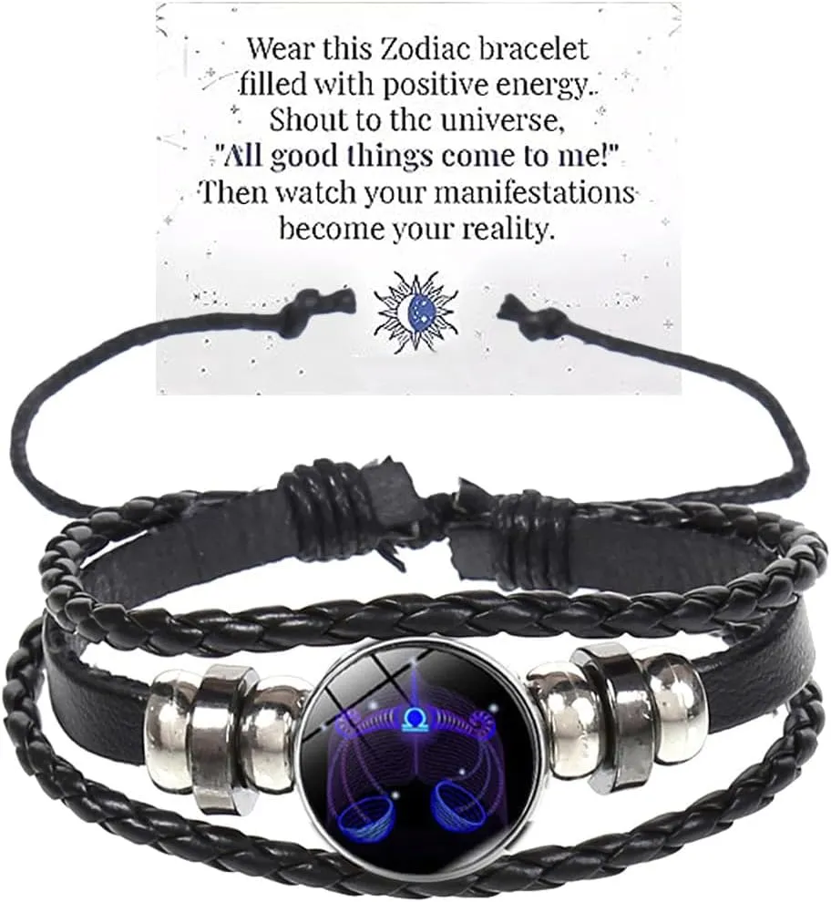 Atiptu Zodiac Signs Spirit Bracelet Multilayer Adjustable 12 Constellation Zodiac Leather Bracelets for Women Men Handmade Woven Glow in the Dark Zodiac Jewelry for Constellation Lover