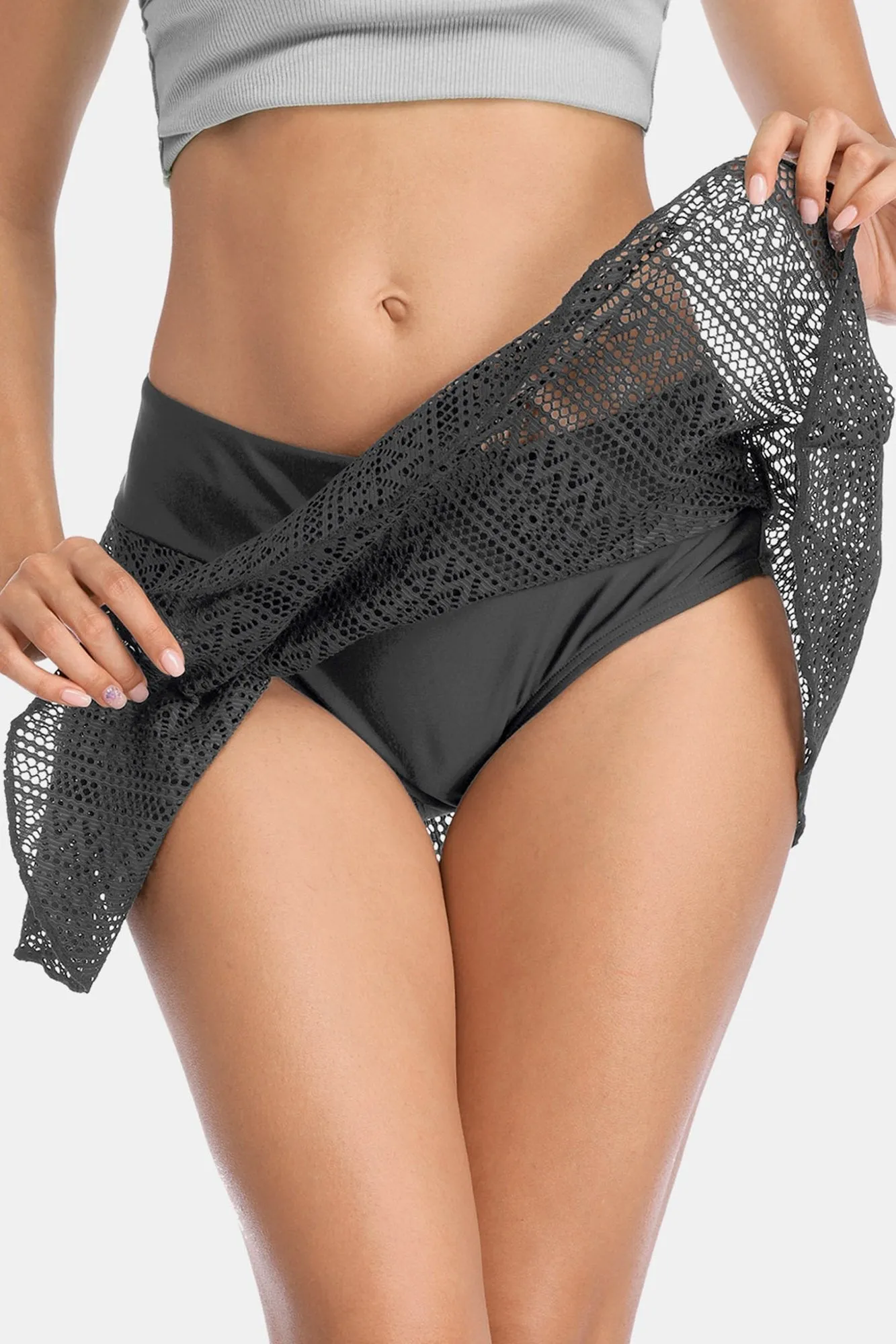 Attraco Womens Gray Lace Hollow Out Swim Dress