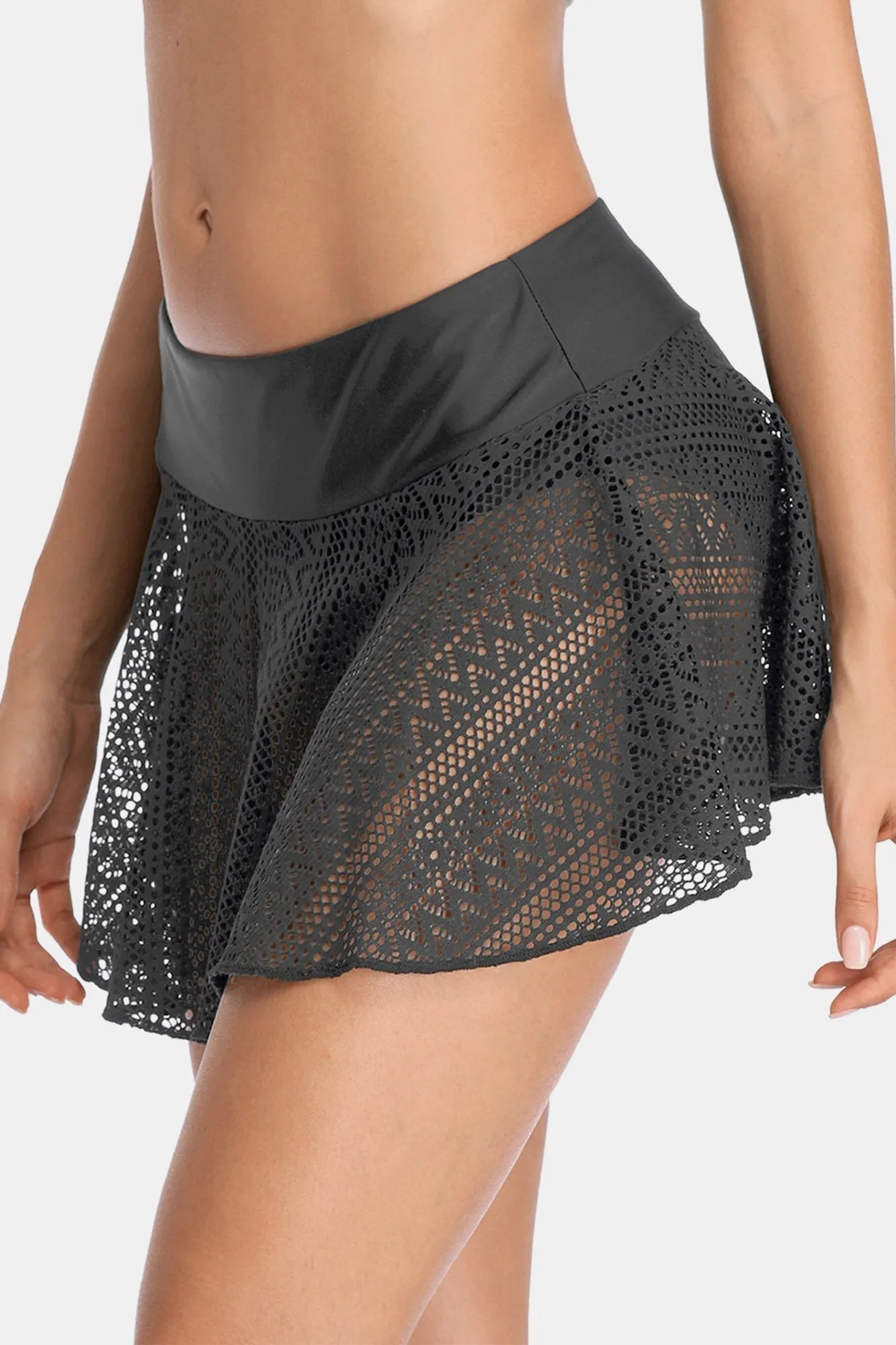 Attraco Womens Gray Lace Hollow Out Swim Dress