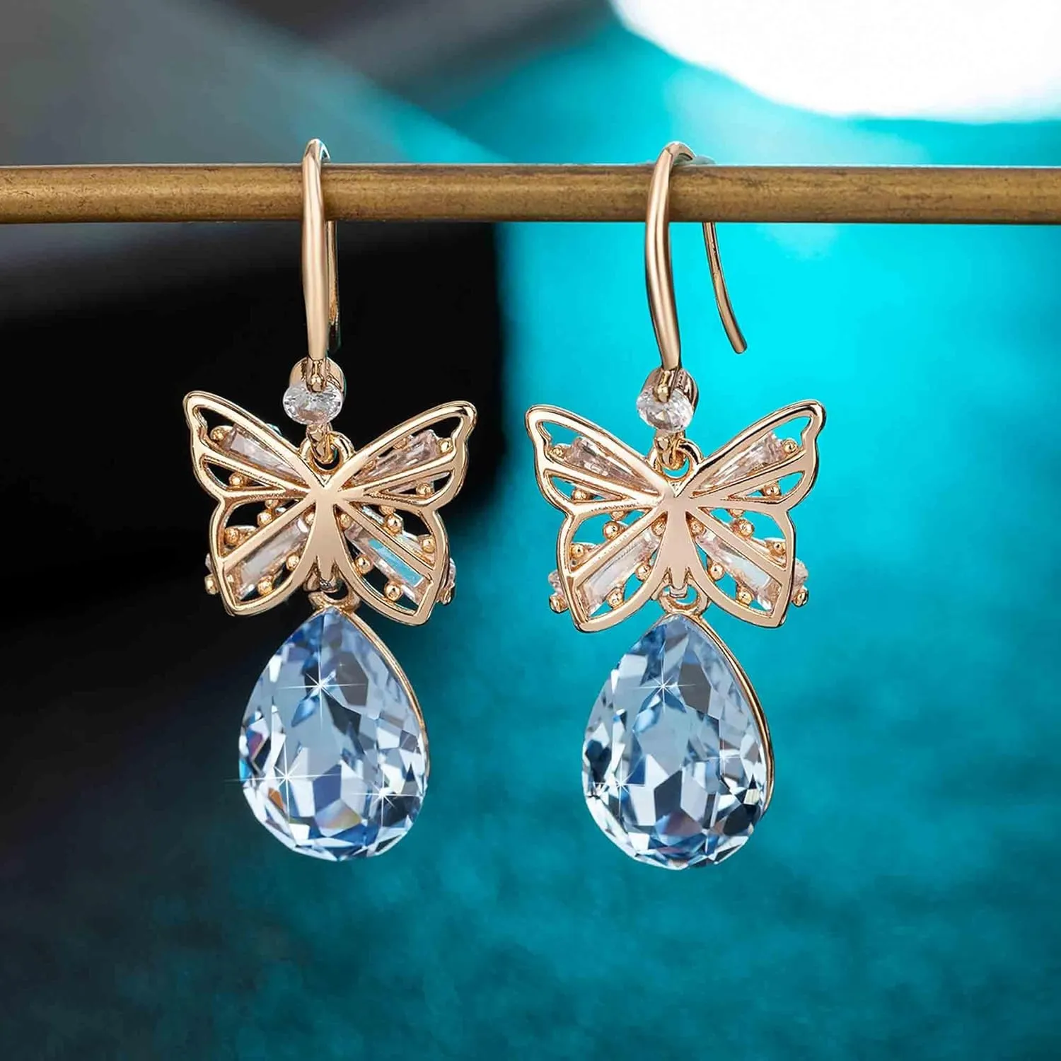 Austrian Crystal Teardrop Butterfly Drop Dangle Earrings for Women 14K Rose Gold Plated Hypoallergenic Jewelry