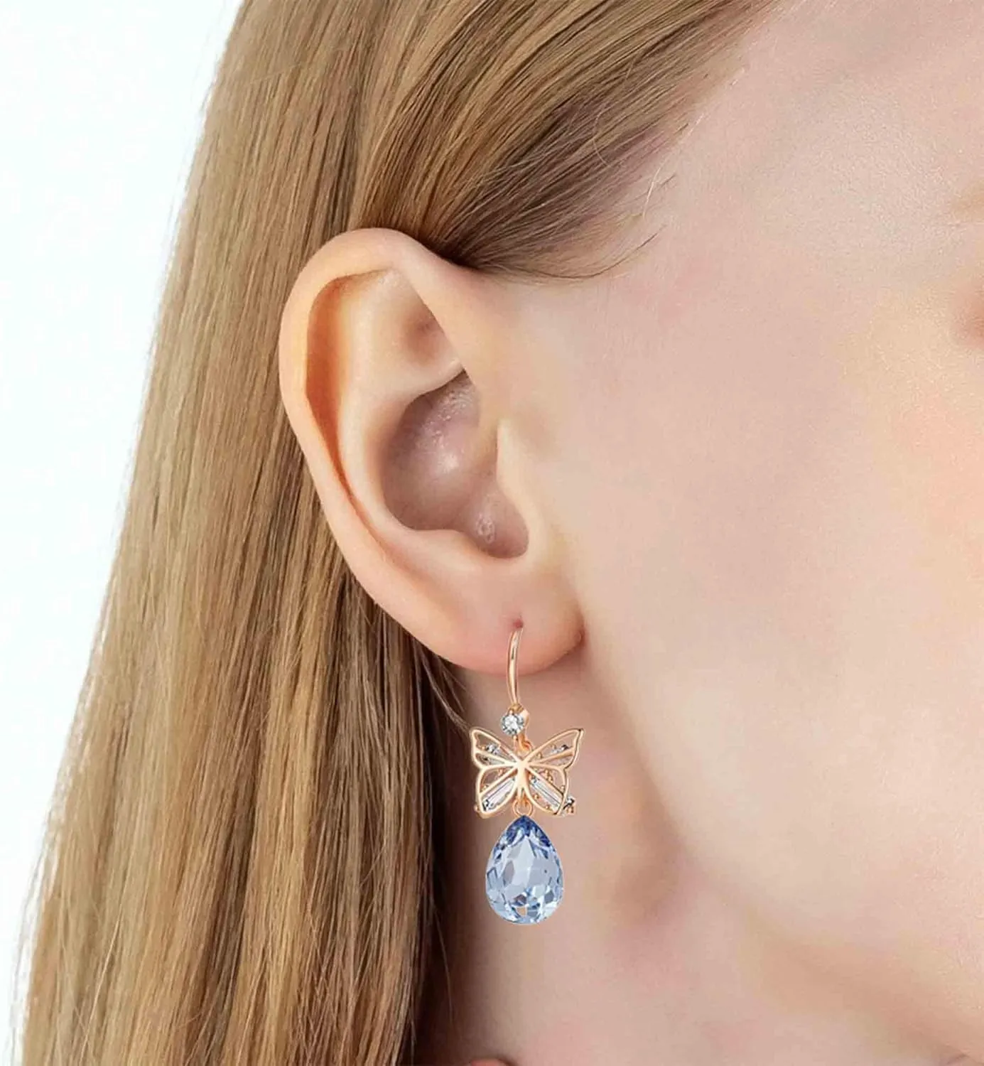 Austrian Crystal Teardrop Butterfly Drop Dangle Earrings for Women 14K Rose Gold Plated Hypoallergenic Jewelry