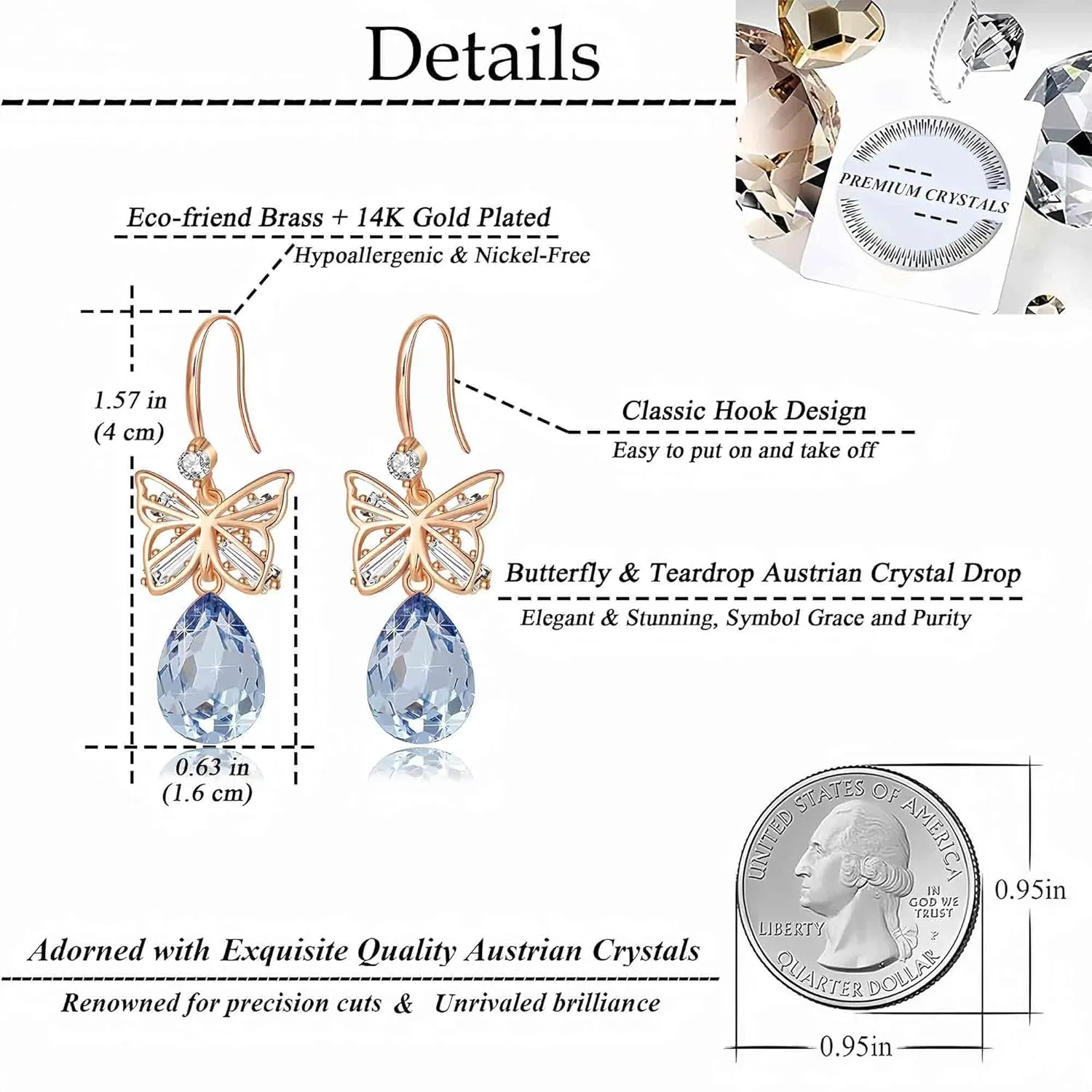 Austrian Crystal Teardrop Butterfly Drop Dangle Earrings for Women 14K Rose Gold Plated Hypoallergenic Jewelry