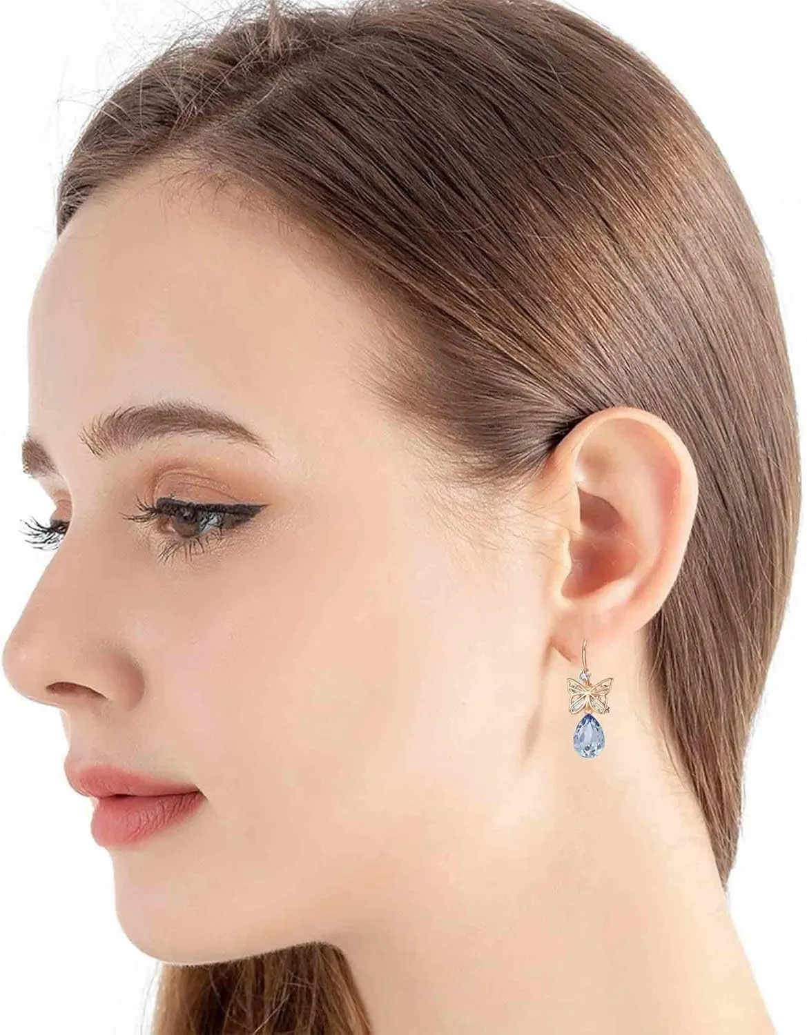Austrian Crystal Teardrop Butterfly Drop Dangle Earrings for Women 14K Rose Gold Plated Hypoallergenic Jewelry