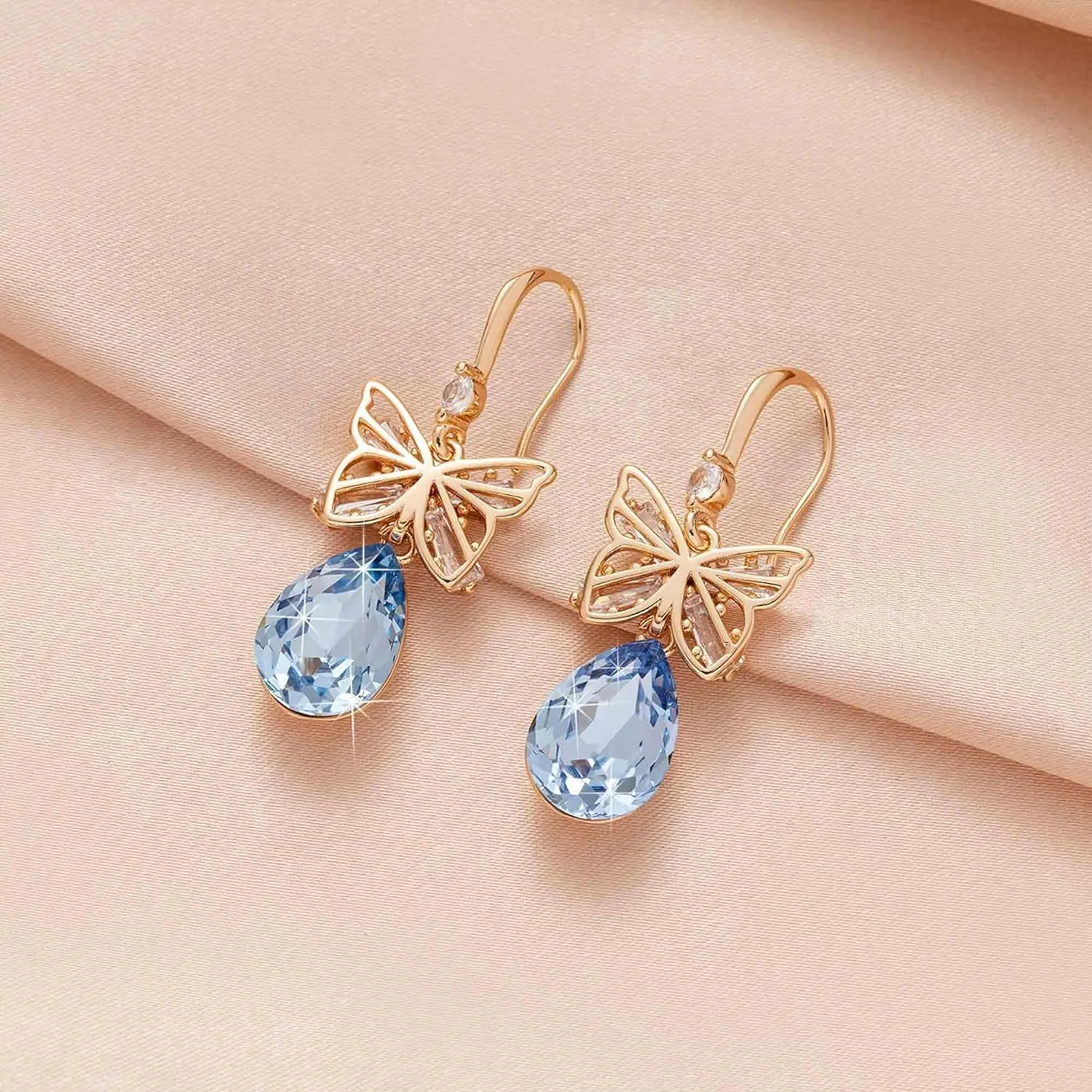 Austrian Crystal Teardrop Butterfly Drop Dangle Earrings for Women 14K Rose Gold Plated Hypoallergenic Jewelry