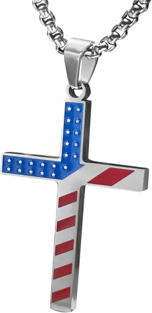 bahamut American Flag Cross Pendant Necklace, US Patriotic Jewelry,Independence Day Gifts,USA Accessories,24 Inch Chain