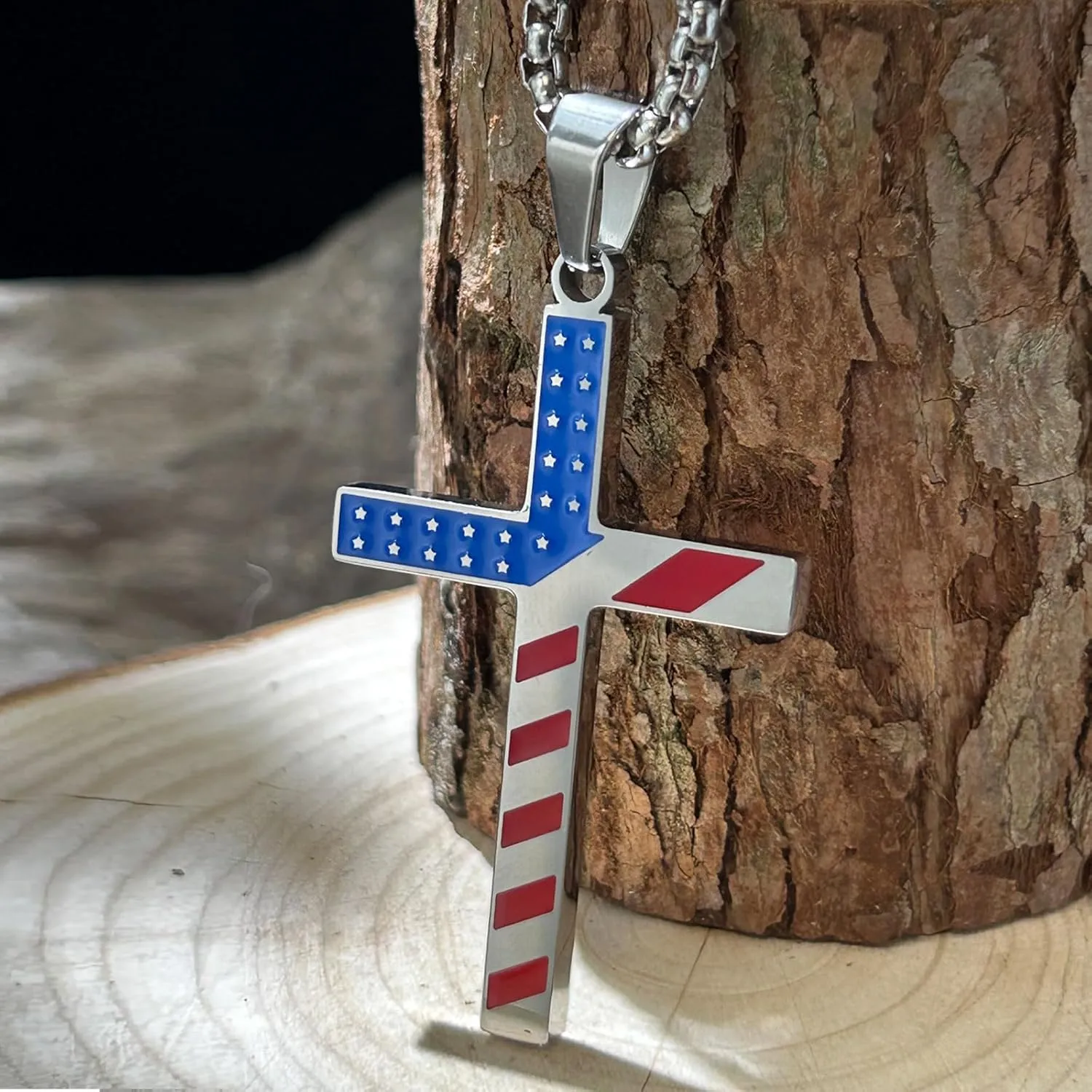 bahamut American Flag Cross Pendant Necklace, US Patriotic Jewelry,Independence Day Gifts,USA Accessories,24 Inch Chain