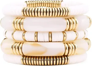 Bamboo Tube Bangles Bracelet, Chunky Curved Stacking Acrylic Beads, Stretchable Friendship Gold Bracelet Gift for Couples, Family