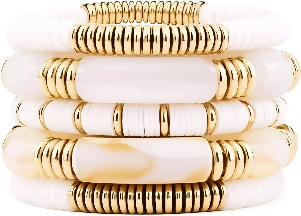 Bamboo Tube Bangles Bracelet, Chunky Curved Stacking Acrylic Beads, Stretchable Friendship Gold Bracelet Gift for Couples, Family