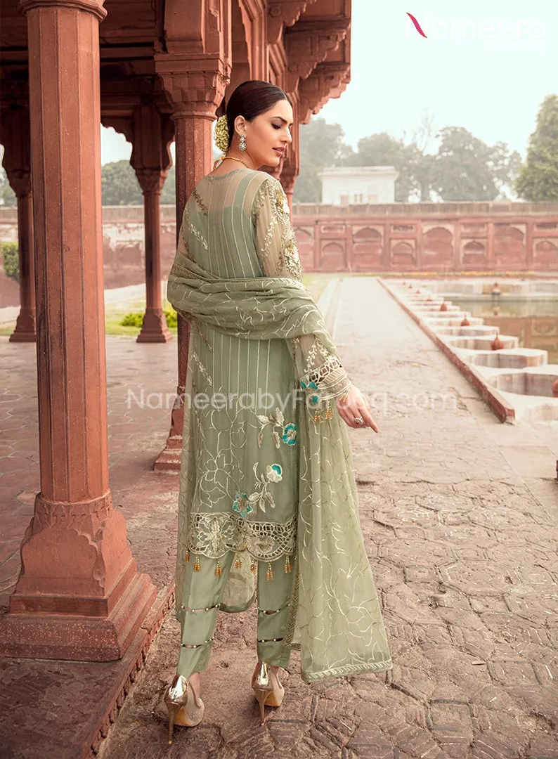 Baroque Embroidered Chiffon Dress in Pista Shade #PF88