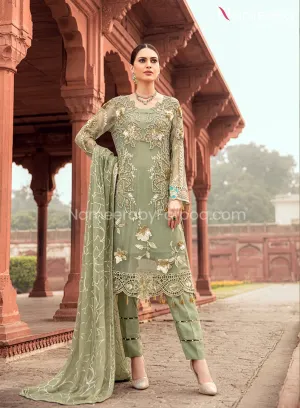 Baroque Embroidered Chiffon Dress in Pista Shade #PF88