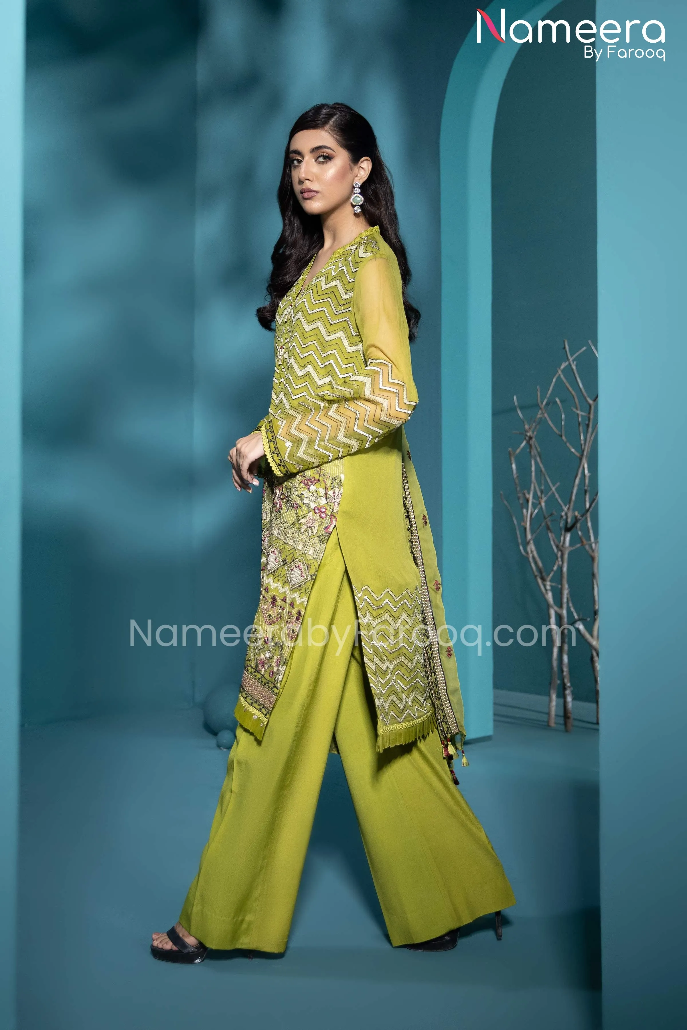 Baroque Formal Wear Pakistani in Mehndi Color #PF51