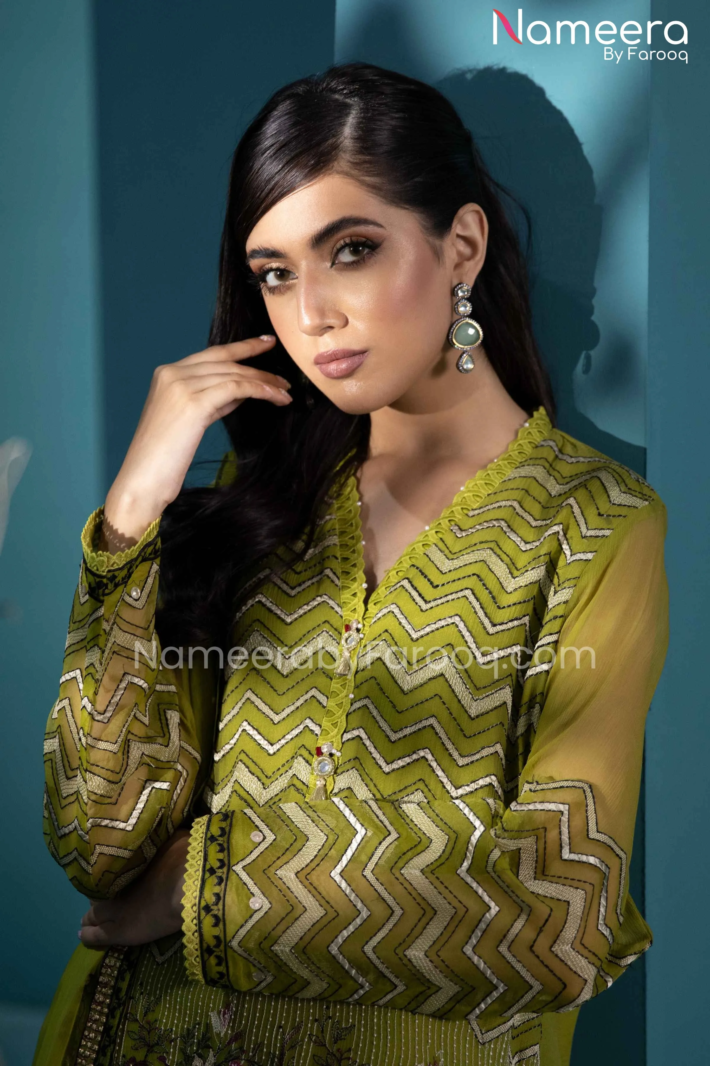 Baroque Formal Wear Pakistani in Mehndi Color #PF51