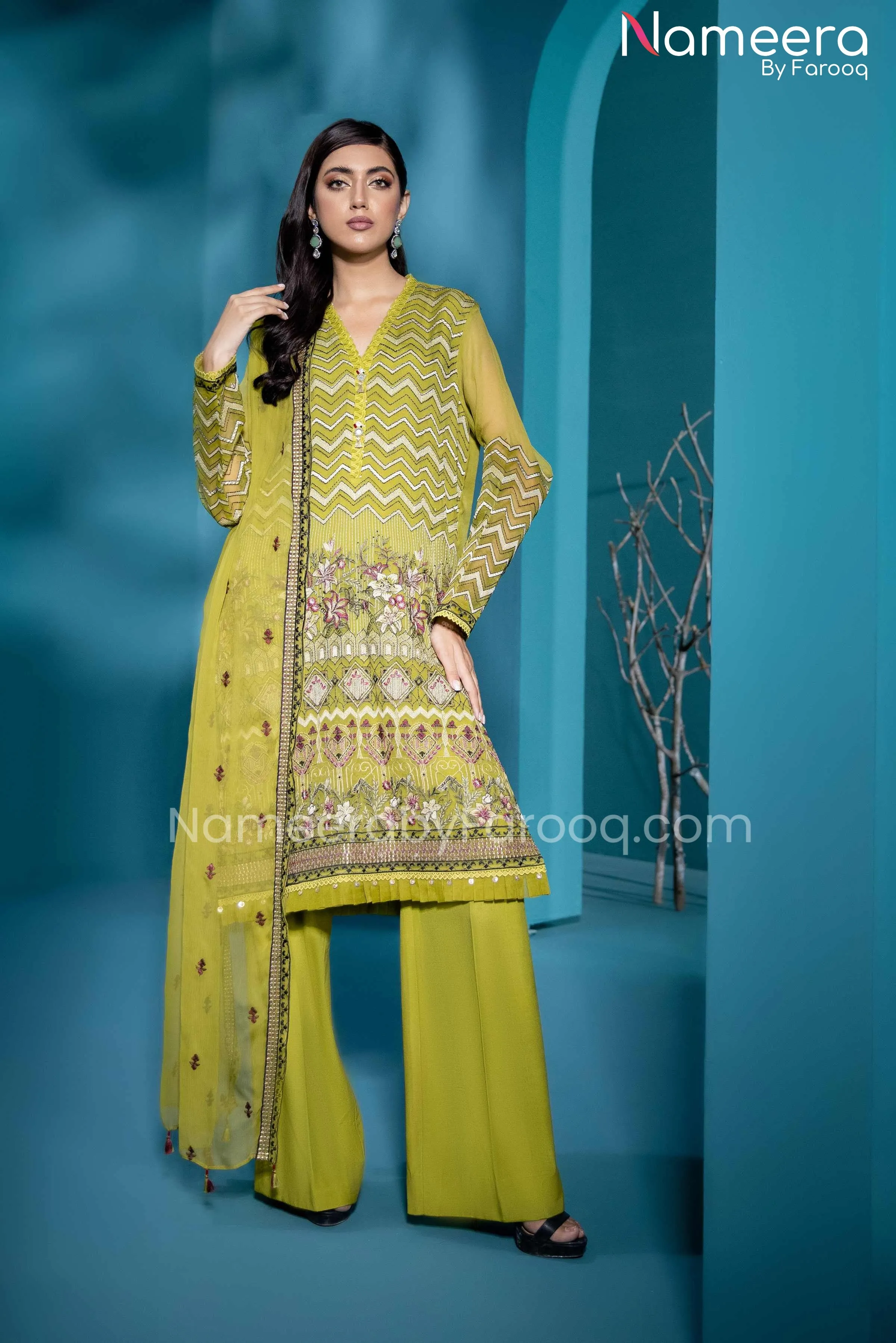Baroque Formal Wear Pakistani in Mehndi Color #PF51
