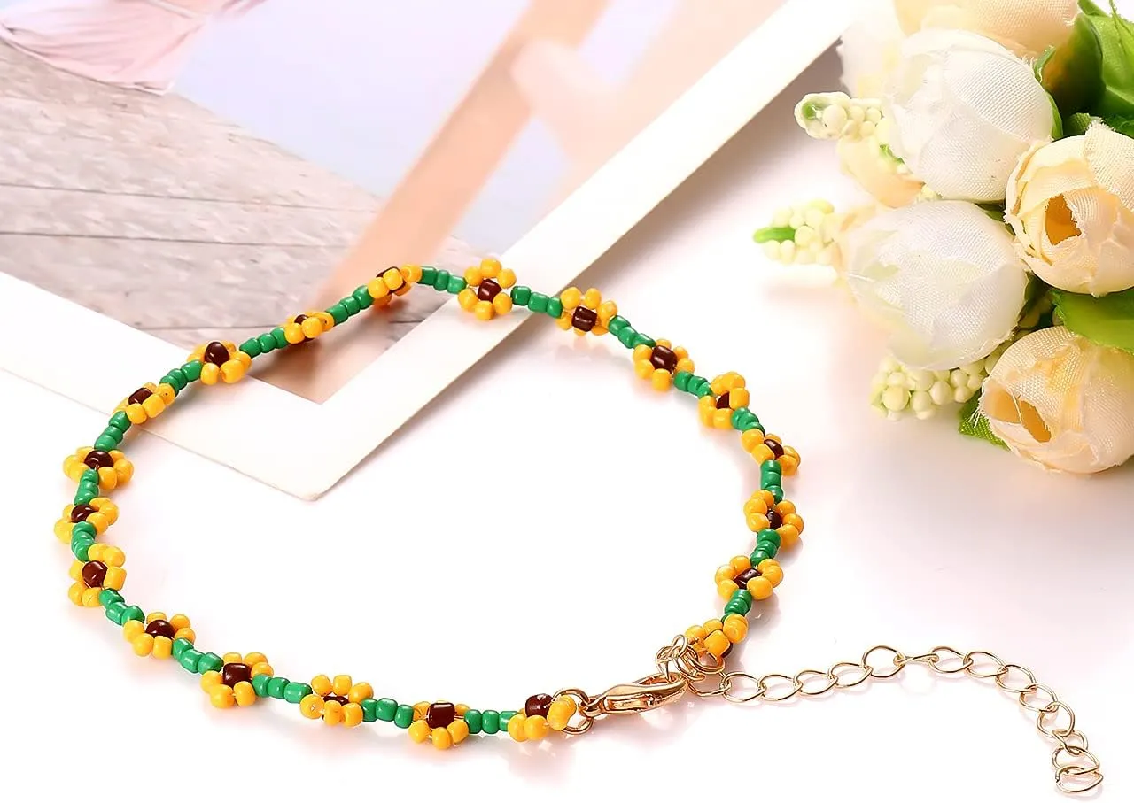 Beaded Anklets for Women Boho Cute Daisy Flower Bead Ankle Bracelets Handmade Waterproof Surfer Anklet Summer Beach Foot Jewelry for Women